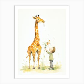 Boy Gives The Giraffe A Flower Art Print