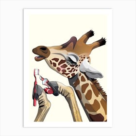 Giraffe Brushing Teeth Art Print