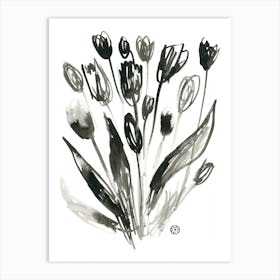 Inked Tulips - black and white minimal minimalist drawing line ink Art Print