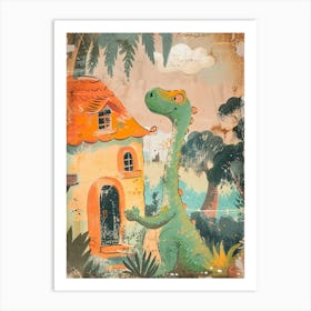 Dinosaur Outside A Home Storybook Painting 2 Art Print