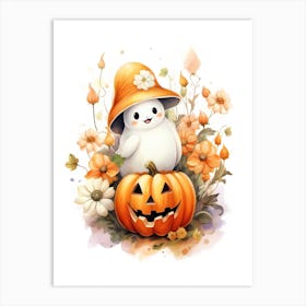 Cute Ghost With Pumpkins Halloween Watercolour 52 Art Print