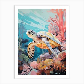 Vivid Turtle In Ocean With Coral & Plants 2 Art Print