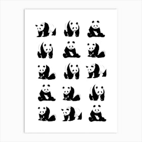 Panda Bears Pattern Black and White Art Print