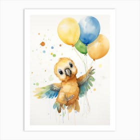 Baby Parrot Flying With Ballons, Watercolour Nursery Art 1 Art Print