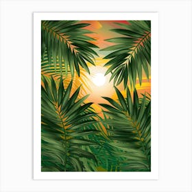 Sunset In The Jungle - A stunning and vivid illustration of palm leaves against a bright Art Print