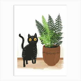 Black Cat With Plant 2 Art Print