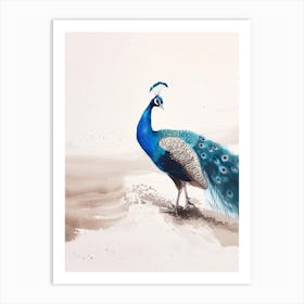 Peacock On The Beach Watercolour Art Print