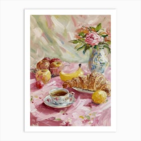 Pink Breakfast Food Bread, Croissants And Fruits 1 Art Print