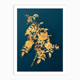 Vintage Reddish Rosebush Botanical in Gold on Teal Blue Art Print