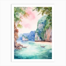 Watercolor Painting Of Maya Bay, Koh Phi Phi Thailand 3 Art Print
