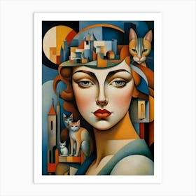 Woman With Cats Art Print