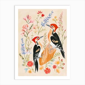 Folksy Floral Animal Drawing Woodpecker 2 Art Print
