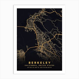 Berkeley California USA Black And Gold Map Art Print