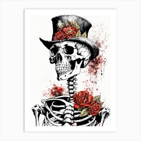 Floral Skeleton With Hat Ink Painting (8) Art Print