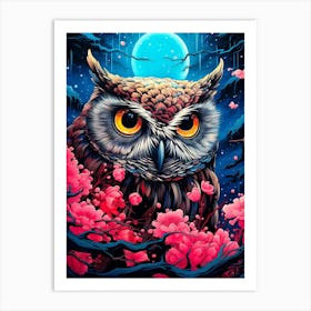 Owl In Cherry Blossoms 2 Art Print