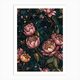 Peony Flowers On Stained Glass Art Print