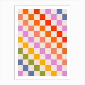 Retro Diagonal Check pattern in Rainbow colours Art Print