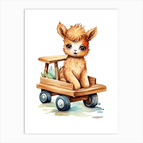 Baby Llama On A Toy Car, Watercolour Nursery 2 Art Print
