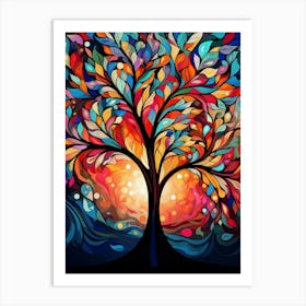 Vibrant Tree at Sunset II, Abstract Colorful Painting in Van Gogh Style Art Print