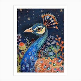 Folky Floral Peacock At Night 3 Art Print