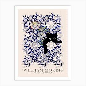 William Morris Peekaboo Cat Watercolour Blue Flower Botanical Art Print