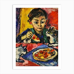Portrait Of A Boy With Cats Having Pizza 1 Art Print