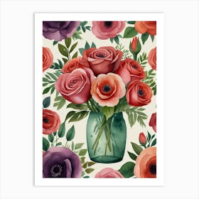 Watercolor Roses In A Vase Art Print