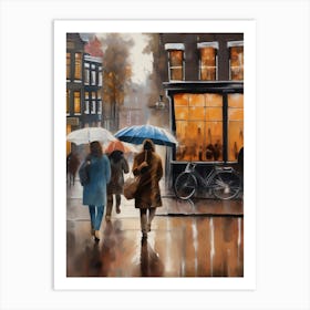 Amsterdam cafes, autumn season, rain, autumn oil colours.Faded colours,People passing on the street, winter clothes, rain umbrellas.2 2 Art Print