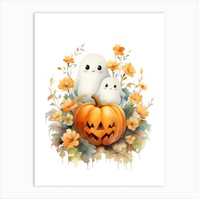 Cute Ghost With Pumpkins Halloween Watercolour 96 Art Print