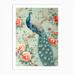Sky Blue & Pink Peony Wallpaper Style Art Print