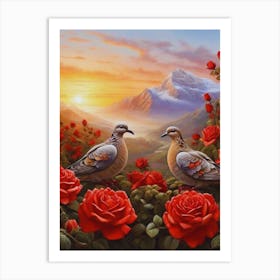 Lucky Doves On Red Roses Art Print