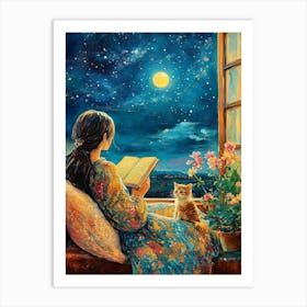 Girl Reading Book with Her Cat 13 Art Print