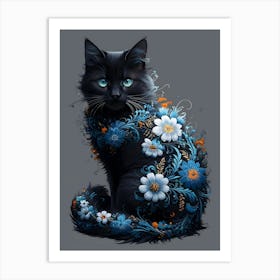 Black Cat With Blue Flowers Art Print