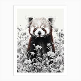 Red Panda Cub In A Field Of Flowers Ink Illustration 2 Art Print