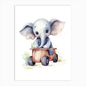 Baby Elephant On Toy Car, Watercolour Nursery 2 Art Print