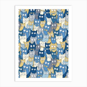 Blue and Gold Crazy Cats 1 Art Print