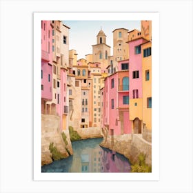 Girona Spain 2 Vintage Pink Travel Illustration Art Print