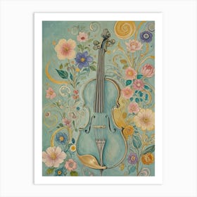 Blue Violin And Flowers Art Print