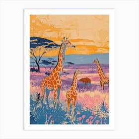Giraffe In The Wild With Other Animals Watercolour Style 4 Art Print