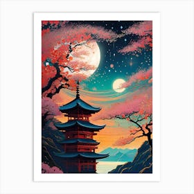 Japanese Blossom ~ Full Moons Travel Adventure Visionary Wall Decor Futuristic Sci-Fi Trippy Surrealism Modern Digital  Art Print