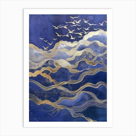 Blue And Gold Seagulls Art Print