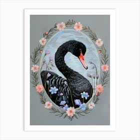 Black Swan with Floral Frame. Nursery Illustration, Kids Room Art Print