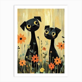 Two Black Cats In A Field Art Print