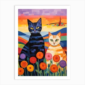 Two Mosaic Cats With A Medieval Village In The Background Art Print