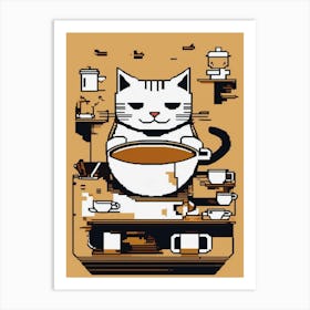 Pixelated Cat and Coffee Station Art Print