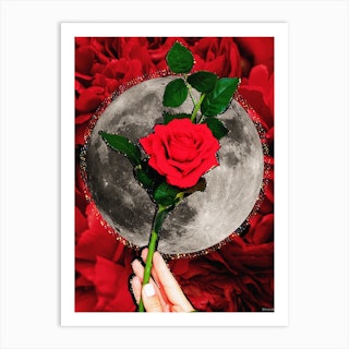 Rose Moon Glitter Collage Red & Grey Art Print