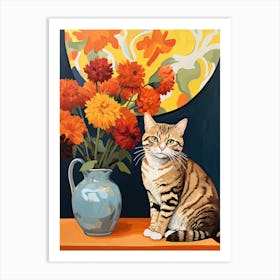 Marigold Flower Vase And A Cat, A Painting In The Style Of Matisse 6 Art Print