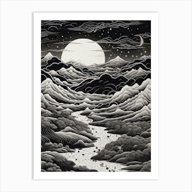 The Japanese Alps In Multiple Prefectures, Ukiyo E Black And White Line Art Drawing 4 Art Print