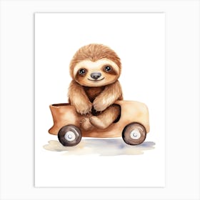 Baby Sloth On A Toy Car, Watercolour Nursery 2 Art Print