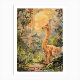 Dinosaur In The Leaves Vintage Storybook Painting Art Print